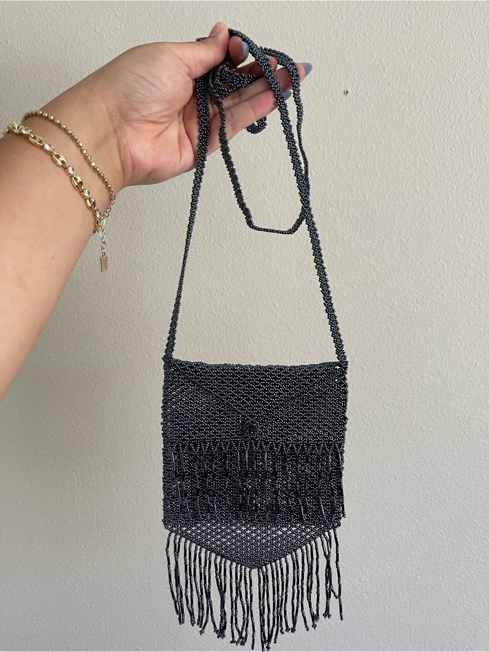 Beaded Fringe Crossbody Bag in Black